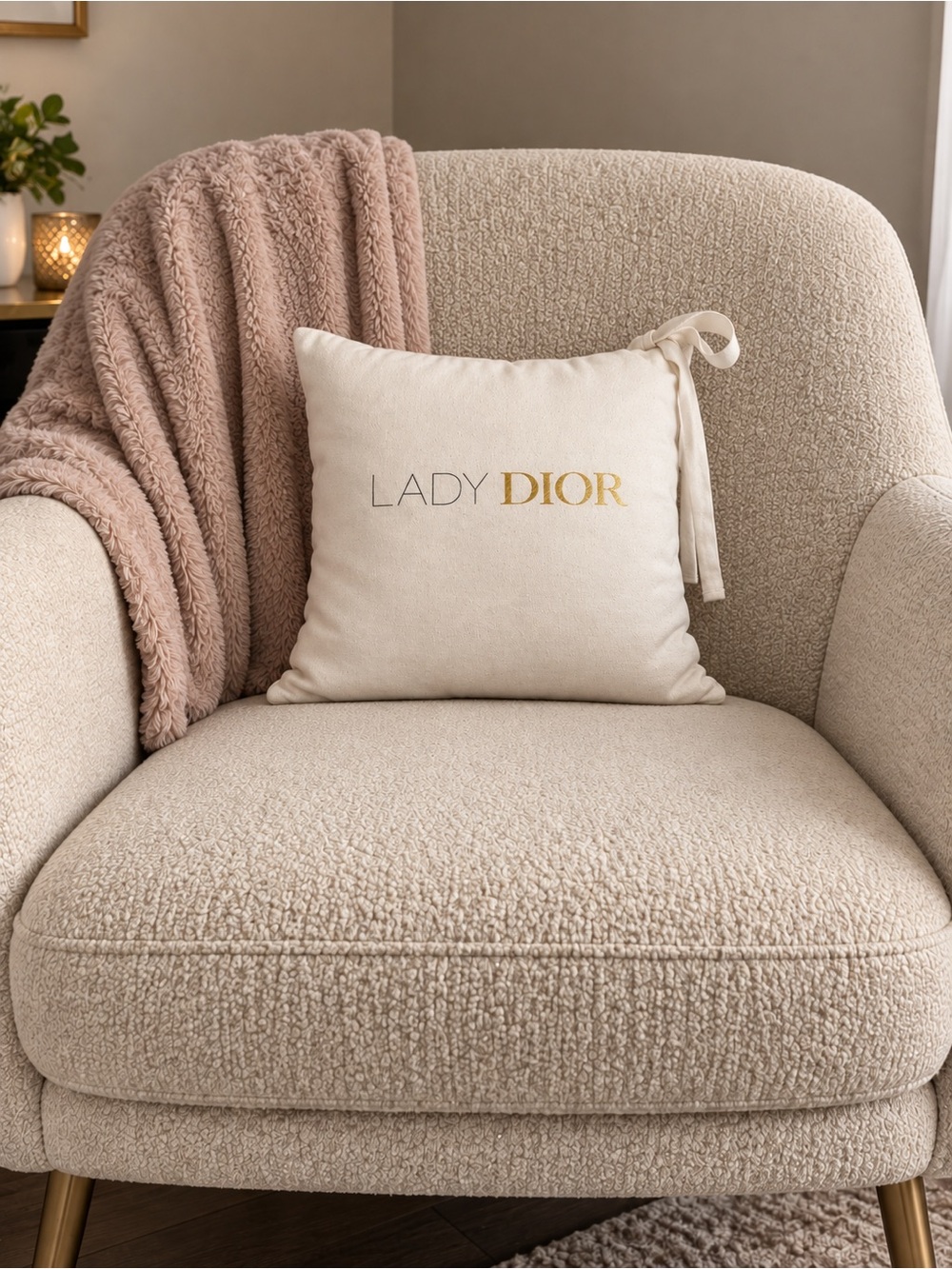 Luxury Lady Dior Cream Throw Pillow